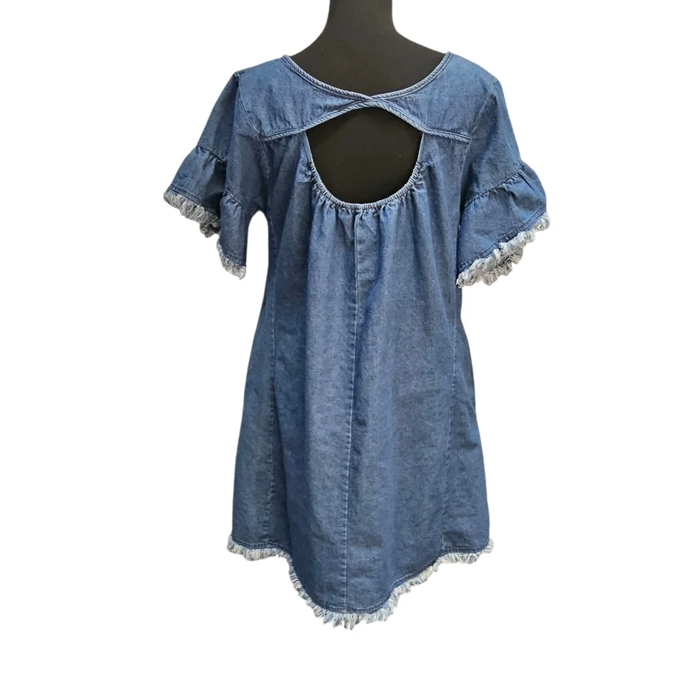 Umgee Blue Frayed Raw Edge Hem Denim Mini Dress Ruffled Sleeves Size M - Picture 3 of 8